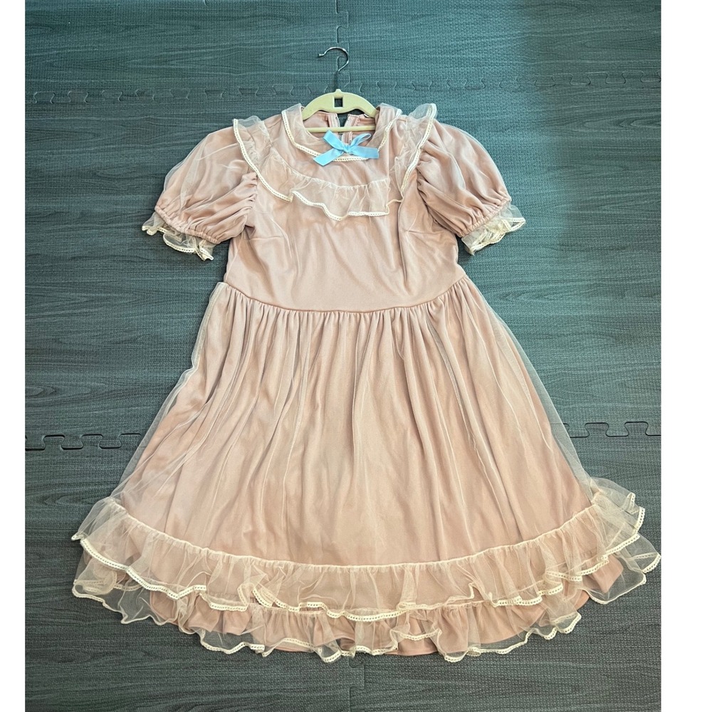Pink Ruffle Mesh Lace Trim‎ Dress Short Sleeve Blue Bow Kids Size S
